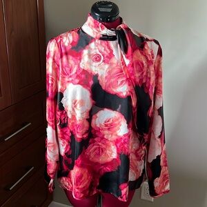 BOGO 🌸 Worthington Petite Moody Floral Satin Faux Wrap Blouse Sz LP / US 10